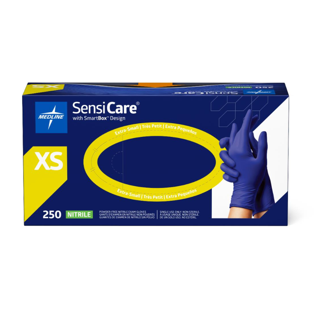 A box of Medline SensiCare Powder-Free Nitrile Exam Gloves, size extra small (XS), with an image of a hand wearing purple gloves. The box contains 250 nitrile exam gloves and features blue, yellow, and white colors.